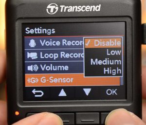 Showing the G-Sensor Menu Setting on the Transcend DrivePro 200