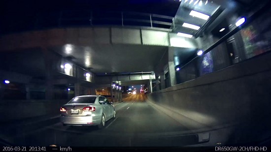BlackvueDR650 Video Screenshot - Passing Under a Tunnel at Night